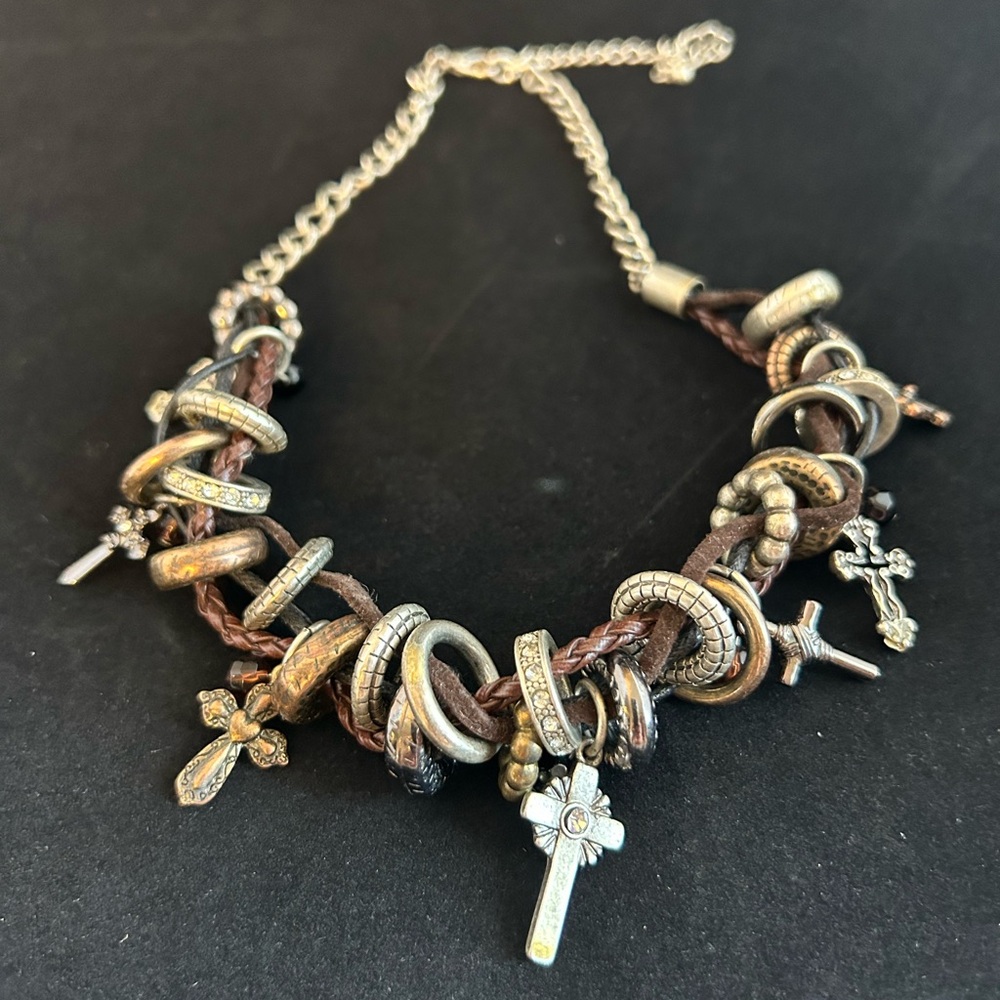 Braided Brown Leather Necklace with Gold-Tone Cross Charms - Women Jewelry